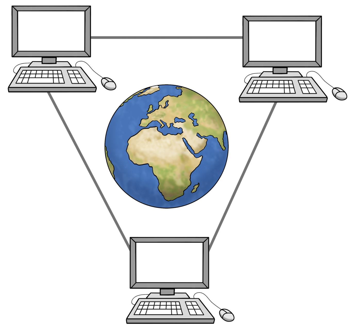 Drei Computer sind mit Strichen miteinander verbunden. In der Mitte ist eine Erdkugel. © Lebenshilfe für Menschen mit geistiger Behinderung Bremen e.V., Illustrator Stefan Albers, Atelier Fleetinsel, 2013